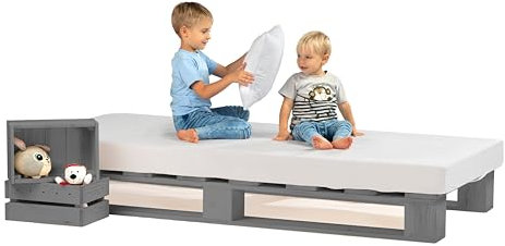 Lermowood Palettenbett M1 aus Holz 100 x 200 cm Grau mit Lattenrost Holzbett 20cm Stabiles Seniorenbett Kinderbett Jugendbett Gästebett erhöhtes Einzelbett Bettgestell Futonbett Komforthöhe