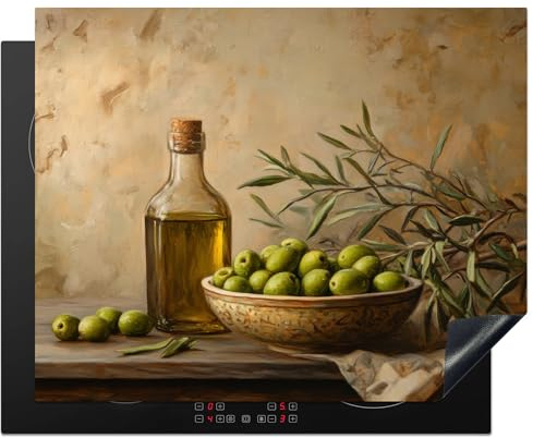 KitchenYeah© Protège Plaque Induction Deco Cuisine Accessoire Pratique | 65x52 cm - Protection De Vitroceramique Kitchen Gadget Olives - Nature Morte - Vintage