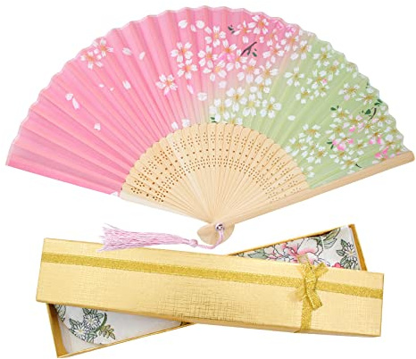Boshiho Handfächer Faltbare Fächer Klein - Sommer Chinesische Handfächer Holz mit Quaste - Stoff Taschenfächer Klappfächer für Hochzeite Aufführung Tanz Dekoration (pink）