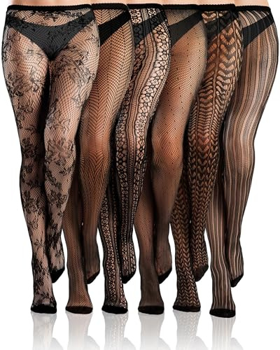 Bencailor 6 Paia Collant Fantasia Donna a Vita Alta Calze a Rete a Righe con Motivo per Donna leggings a Rete per Halloween(Nero,M)