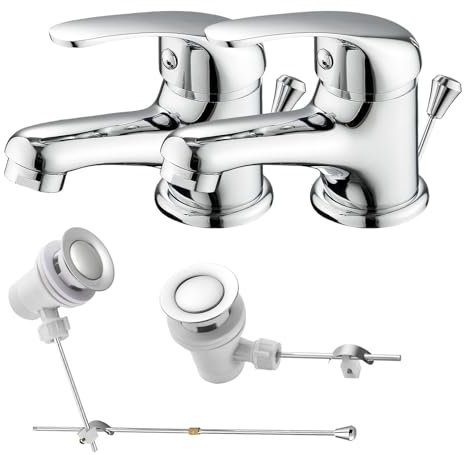 Vuadzren zwei Waschtischarmaturen mit Zugstange und Ablauf, Badarmatur Einhandmischer aus Messing für kleines Waschbecken, Wasserhahn Bad für Gäste WC mit G3/8 Anschlussschlauch，2 Set