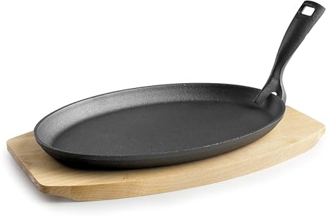 Lacor 25867 - Bandeja Oval con Mango Desmontable, Hierro Fundido | En madera natural, para hornear, servir y presentar; apto para inducción, ideal para cocina profesional y uso diario en casa