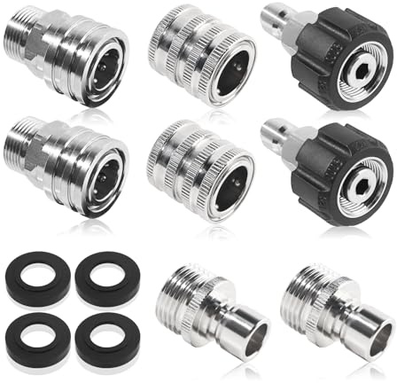 Aezpc Pressure Washer Quick Connect Adapter Kit, M22-14 &15mm Swivel to 3/8 Inch Quick Connect, 3/4 Inch to 1/2 Inch Quick Release, Stainless Steel 8 Sets