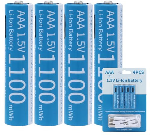 Tosiicop AAA Rechargeable Lithium Batteries - 4 Pack USB-C Rechargable Li-Ion Battery 1.5V 1100mWh with 4 in 1 USB to Type-C Charger Fast Charging Cable High Output (AAA 1100mWh Battery)