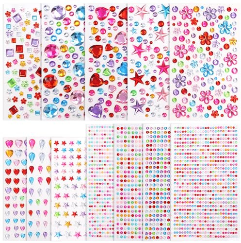 Vpqnee 12 Bögen selbstklebende Edelstein-Aufkleber für Kunst- und Bastelprojekte, Strass-Aufkleber zum Scrapbooking mit verschiedenen Formen und Größen für Taschen, Karten, Papiere, Gesicht