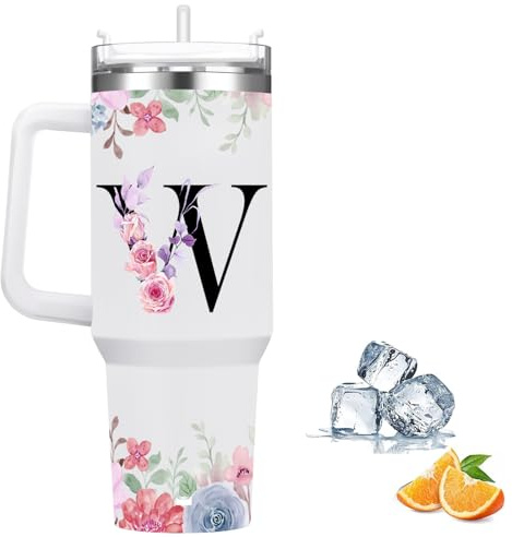 Botella Agua Termica Personalizada, Cool Bottles de Acero Inoxidable de 1.2 Litros, Termo Cafe para llevar con tapa y pajita, Copo Termico sin BPA, Letras de Moda, Regalos Originales para Mujer (W)