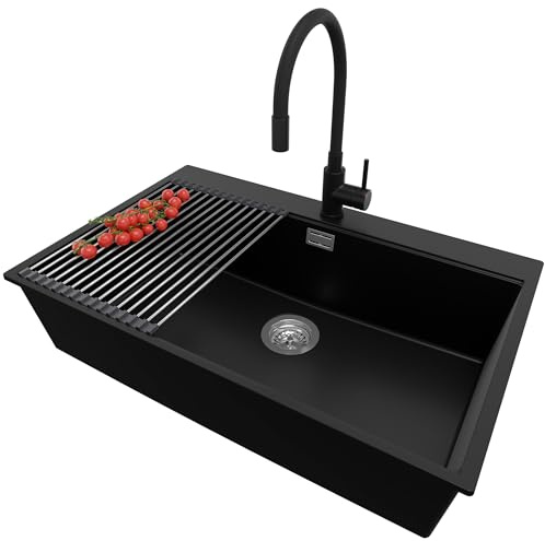 PRIMAGRAN Lavandino da Cucina al Mobile 80cm + Rubinetto, 78x50cm | Set: Rubinetto BW6020 + Kit di scarico + Scolapasta avvolgibile + Lavello in Granito a 1 Vasca - Oslo Top, Nero