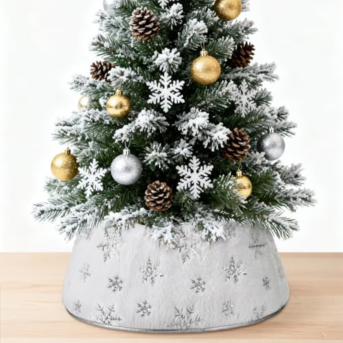 LIHAO Weihnachtsbaum Rock 60 cm Weiß Christbaumständer Abdeckung aus weichem Vlies mit Schneeflocken Inkl. Fixierclips für Tannenbaum bis 2m