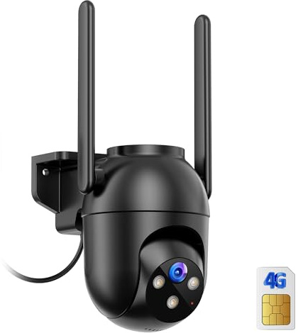 SIIOOE 4G LTE Camera Surveillance Exterieur avec SIM: 2K HD Camera de Surveillance sans Internet - 360° PTZ Caméra Vision Nocturne Couleur Détection Humaine Audio IP66 Bidirectionnel Noir - Câblée