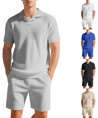 Tuta da uomo con polo e pantaloncini a nido d'ape, 2 pezzi, abbigliamento estivo, tuta sportiva da allenamento, casual, pantaloncini da jogging con coulisse, pantaloni sportivi, Grigio, XL