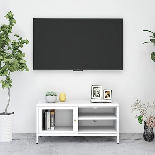 BOWEKAM Möbel, Unterhaltungszentren und TV-Ständer, TV-Schrank, weiß, 90 x 30 x 44 cm, Stahl und Glas