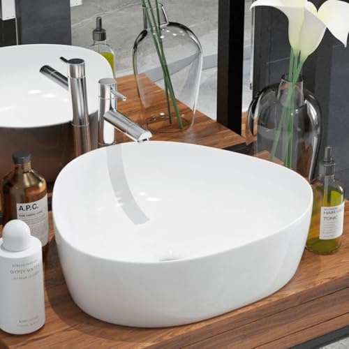 Lavabo Triangular de Cerámica Blanca, Diseño Moderno para Baño, Forma Compacta para Esquinas, Superficie Esmaltada Antimanchas, Fácil Limpieza, Montaje sobre Encimera, 50.5x41x12 cm