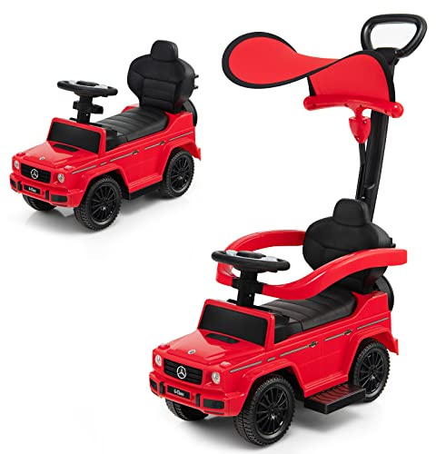COSTWAY Mercedes Benz Rutschauto, 3 in 1 Rutscher Auto mit Sonnendach & Stauraum & abnehmbaren Schutzbügel & Schiebestange, Rutschfahrzeug mit Motorsound & Hupe, für Kinder ab 1 Jahr (Rot)