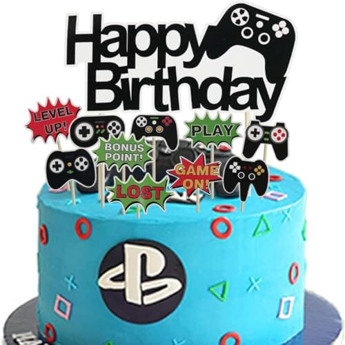 Gaming Cake Topper, Cake Topper, Gaming Cupcake Decorations, 13pcs Video Game Birthday Cake Toppers Set with Controller Designs for Kids Boys Gaming Theme Party Supplies - Black