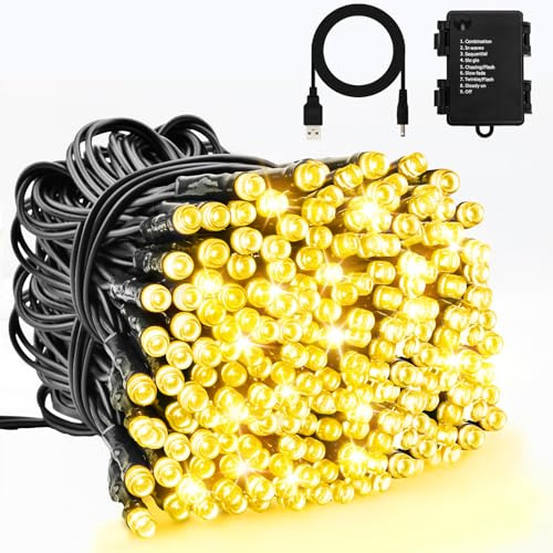 Dalugo Guirlande lumineuse d'extérieur à piles - 10 m - 100 LED - USB - Avec minuterie - 8 modes - Étanche IP65 - Blanc chaud - Éclairage de Noël - Pour décoration de sapin de Noël, décoration de