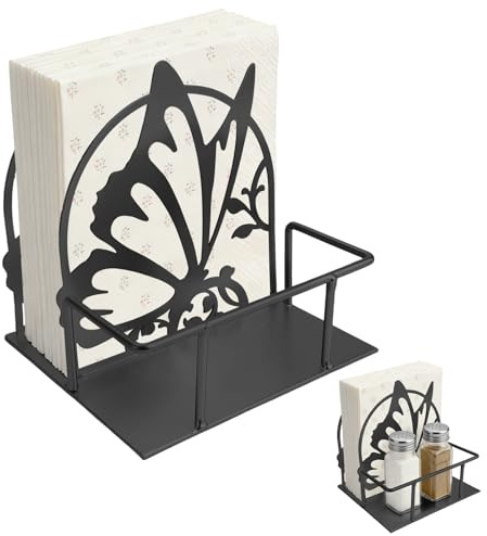 SICANAUO Napkin Holder, Butterfly Metal Napkin Rack for Table, Napkin Dispenser with Salt & Pepper Shaker Caddy, Serviette Holder for Kitchen Restaurants Cocktail Bar Dinning Countertop Picnic (Black)