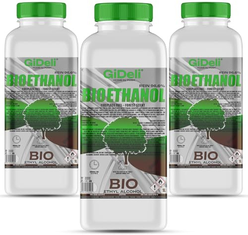 GiDeli bioéthanol 3 x 1 L de parfum de forêt 96,6 % d’éthanol pour cheminées intérieures et extérieures sans fumée ni suie - À base de maïs et de betteraves à sucre