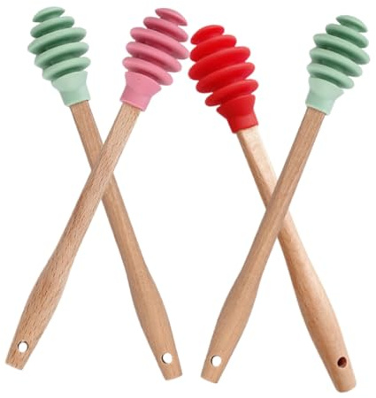 VALICLUD 4pcs Silicone Honey Dipper Sticks with Ergonomic Handle for Tea and Honey Jars Jam and Drinks in Pink Green and Red Colors