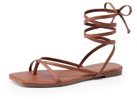 DREAM PAIRS Women's Strappy Flat Sandals - Comfortable Lace Up Gladiator Dressy Sandals, Square Toe Tie Up Walking Sandal, Summer Wrap Up Vocation Sandal Mermaid Shoes,Size 7,Brown,SDFS26010W