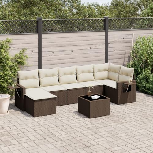 Frdhee Juego de muebles de balcón, 8 piezas, juego de sofá de jardín con cojines de ratán marrón de polirratán, grupo de asientos para balcón, salón exterior, fácil de montar