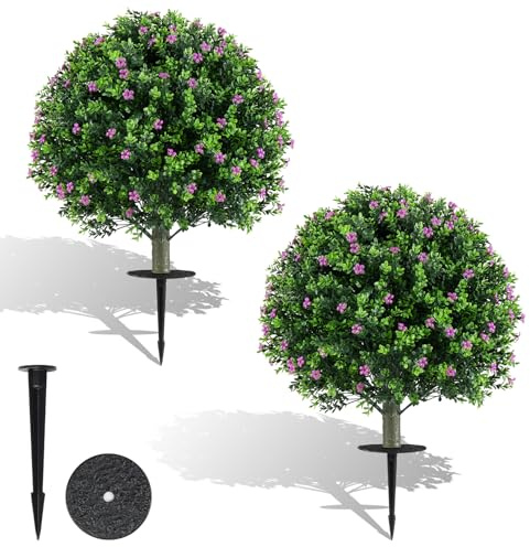 COSTWAY Set of 2 Artificial Topiary Ball Trees, Faux Shrub Bushes with Ground Spikes, Indoor Outdoor Sun-proof Fake Floral Greenery Topiary Plants for Porch, Garden, Yard (60cm, Purple Flowers)