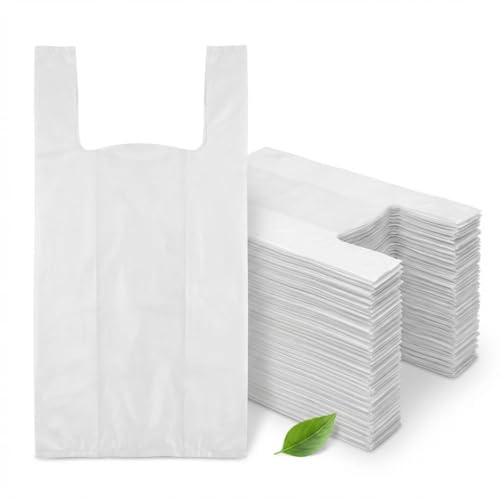 SGWEB Professional Shoppers Biodegradabili 28 x 50 cm [500 Pezzi] Sacchetti Compostabili Bianchi con Manici Resistenti per Spesa e Alimenti, Buste in Plastica Biologica da 6,5 g con Dispenser