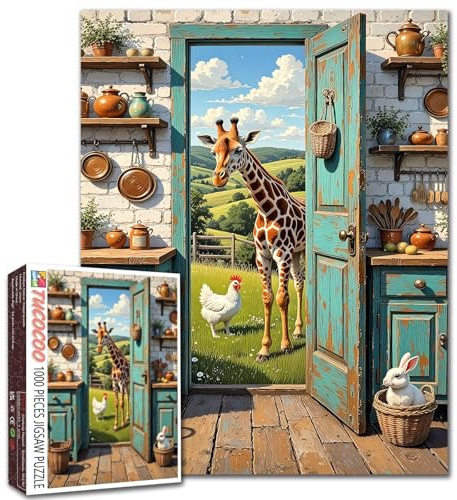 Giraffe Puzzle Chicken Rabbit Animal Jigsaw Vintage Door Kitchen Tableware Ornament Picture 1000 Pieces for Adults Beginner Challenging Family Activity Games DIY Crafts Puzzle for Home Decor Gifts
