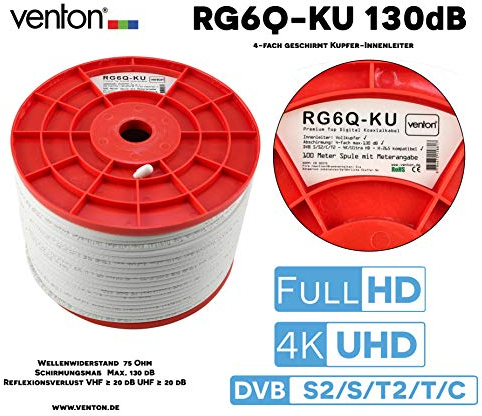 VENTON - Copper inner conductor 130 dB max. – 4x shielded satellite cable TV cable antenna cable satellite cable – DVB-S2/C/T2/BK systems compatible – Satellite dish digital complete (100 m) white