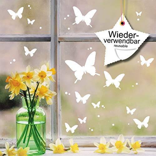 Wandtattoo Loft Fensterbilder Frühling Selbstklebend mit Schmetterlingen und Punkten - Weiße Sticker Wiederverwendbar - Fensterdeko, Fensterbild für Ostern