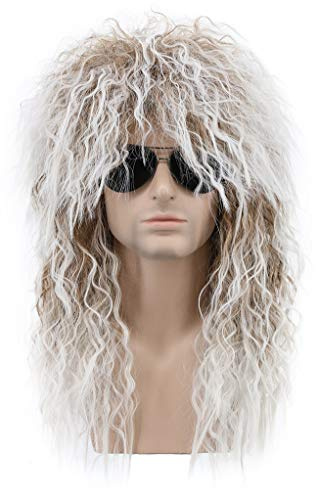 Karlery Perruque Longue Bouclée Brune et Blanche pour Hommes et femmes Perruque Mulet de Rocker des Années 70 et 80 pour Carnaval Halloween Cosplay Déguisement Party