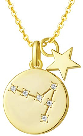 Sternzeichen Kette aus Solide 925 Sterling Silber mit Gold Vergoldet 15mm Durchmesser Anhänger Halskette Einfach Minimalistisch Geschenk Schmuck für Damen Mädchen - Verstellbar Kettenlänge: 40 + 5 cm