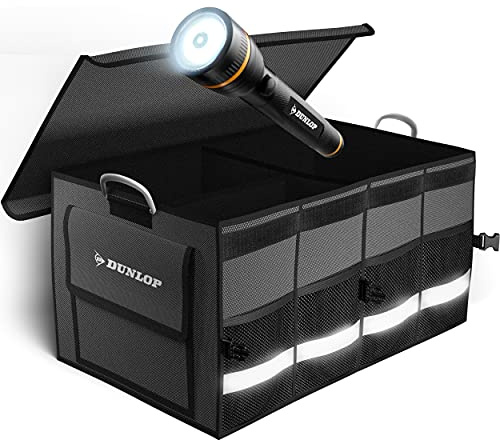 Dunlop Kofferraumtasche - Hochfeste faltbare Auto Organizer Box mit Notfall Taschenlampe - Auto Zubehör Innenraum Kiste in Autoausrüsterqualität - Car Box Boxen Tasche in Schwarz