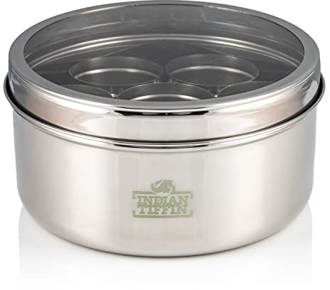 Indian-Tiffin Masala Dabba Récipient à épices hermétique - avec étiquettes et cuillère à épices (Grand (20cm), couvercle transparent, pas de couvercle à l'intérieur des pots)
