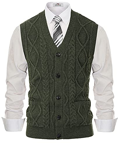 Men Classic Regular Fit Sweater Vest V Neck Sleeveless Pocket Cardigans Green XL
