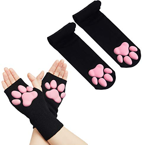 Guantes de pata de gato con máscara de orejas de gato, lindas medias para mujeres, niñas, Halloween, gato, cosplay, 007, Talla única