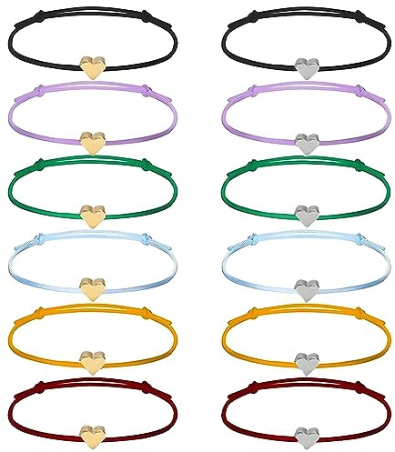 12 Piezas Pulseras de la amistad de cuerda con Corazón, Ajustables, Regalo Vistoso para Novia, Mejor Amiga, Parejas, mujer y niña