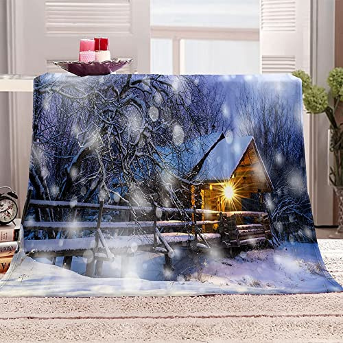 Beydodo Manta Franela Polar Manta 150x100,Árboles con Nieve y Casa Cobijas Invierno Azul Blanco