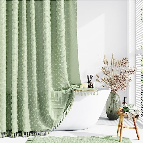 Dynamene Rideau de douche rustique de style rustique en tissu touffeté à rayures texturées à pampilles pour salle de bain – Imperméable – Tissu minimaliste avec crochet – 183 x 183 cm – Vert sauge