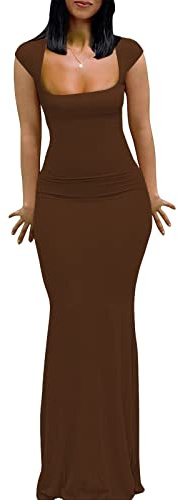 Brown Dress for Women Summer Bodycon Maxi Cap Sleeve Tight Lounge Fitted Sexy Birthday Fishtail Formal Evening Party Dinner Long Dress S