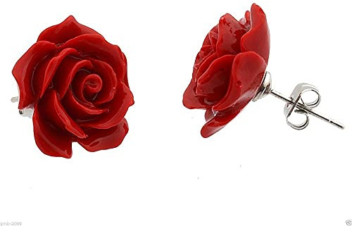Modeschmuck 12 mm rote Koralle Rose Blume 925 Sterling Silber Ohrstecker