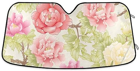Chinesischer Auto-Sonnenschutz, Motiv: Pfingstrose, Baumzweig, Blumen, faltbar, UV-Visier, hält das Fahrzeug kühl, Frontscheibenabdeckung für SUV, Jeep, LKW, 134,6 x 59,7 cm (klein)