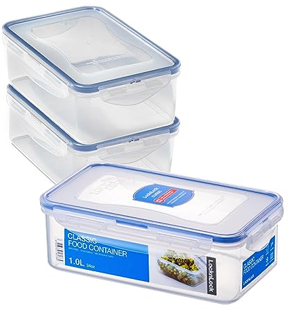 LocknLock Rectangular Food Containers with Lids Set of 3 - Plastic Airtight & Watertight Food Storage Containers, BPA Free & Dishwasher Safe, 3 x 1L, Blue