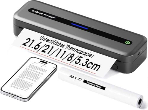 Termica Stampante Portatile A4 Compatibile con iOS & Android Smartphone via Wireless Bluetooth 5.0, Senza Inchiostro, Mini Piccola, Stampante Bianco e Nero, 300 Dpi, 2600 mAh, 600 g - Grigio