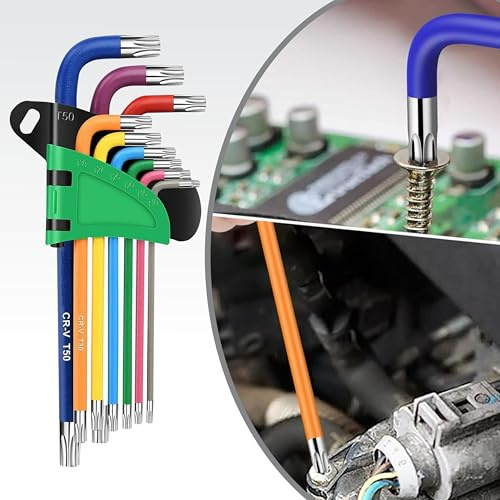 IMATRIX Juego de llaves Torx de 9 piezas, juego de llaves hexagonales de estrella, juego de llaves Allen Torx con código multicolor, tamaños T10-T50, juego de llaves Allen para reparación de