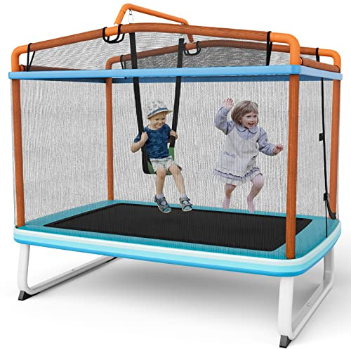 GOPLUS - Trampolín de jardín para niños con columpio y barra horizontal (1,80 m, marco de metal con red de seguridad, cremallera en forma de L para 3 años+(azul+naranja)
