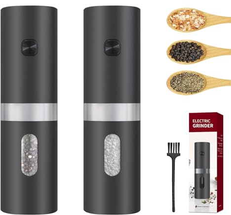 KLGFI Salz und Pfeffermühlen Elektrische, Pfeffermühle 2er Set mit Einstellbarem Keramik-Mahlwerk Von Grob Bis Fein, Batteriebetriebenen Gewürzmühle und LED-Licht (Mit Bürste)