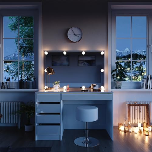 Vicco Coiffeuse Sherry, Blanc/Or, 120cm avec éclairage LED et Tabouret, avec éclairage LED et Tabouret Assorti