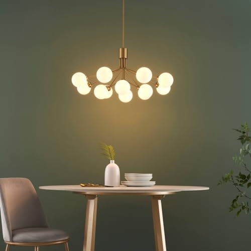 Kosilum – Großer Kronleuchter elegant Messing mit 12 Kugeln – Audrey – Licht warmweiß Beleuchtung Wohnzimmer Schlafzimmer Küche Flur – 12 x max 5 W – G9 – IP20