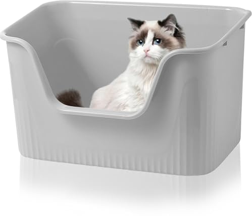 Duscdesp Kattlåda med öppen topp, hög sidig kattsandbricka, 63 × 45 × 33 cm extra stor kattsandbrickor stänksäker kattbricka för katt kanin kattunge (grå 63 x 45 x 33 cm)