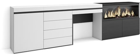 Skraut Home | Schminktisch | Frisiertisch mit Stauraum | 284x75x35 cm | mit Schublade | Elektrokamin XXL | Kommode mit Schubladen | Moderner Stil | Weiß